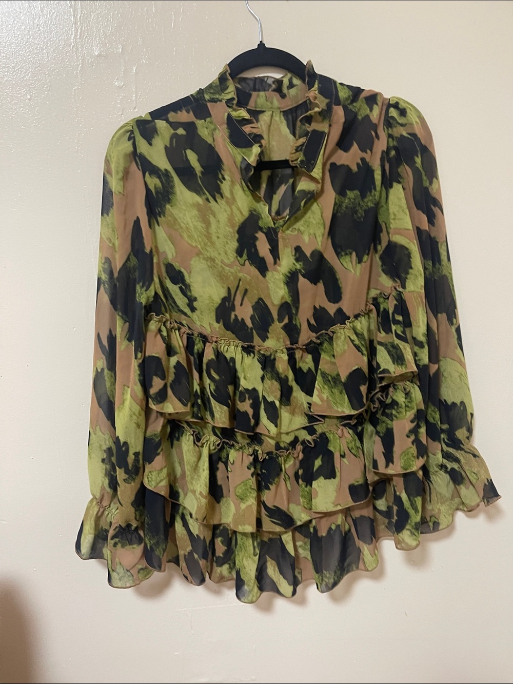 Stella McCartney Green, Brown & Black Ruffled Long-Sleeve Blouse
